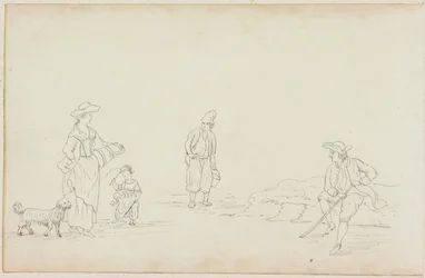 綱引きを持つ女性、子供と2人の男性（紙にインク（M753で紙に））